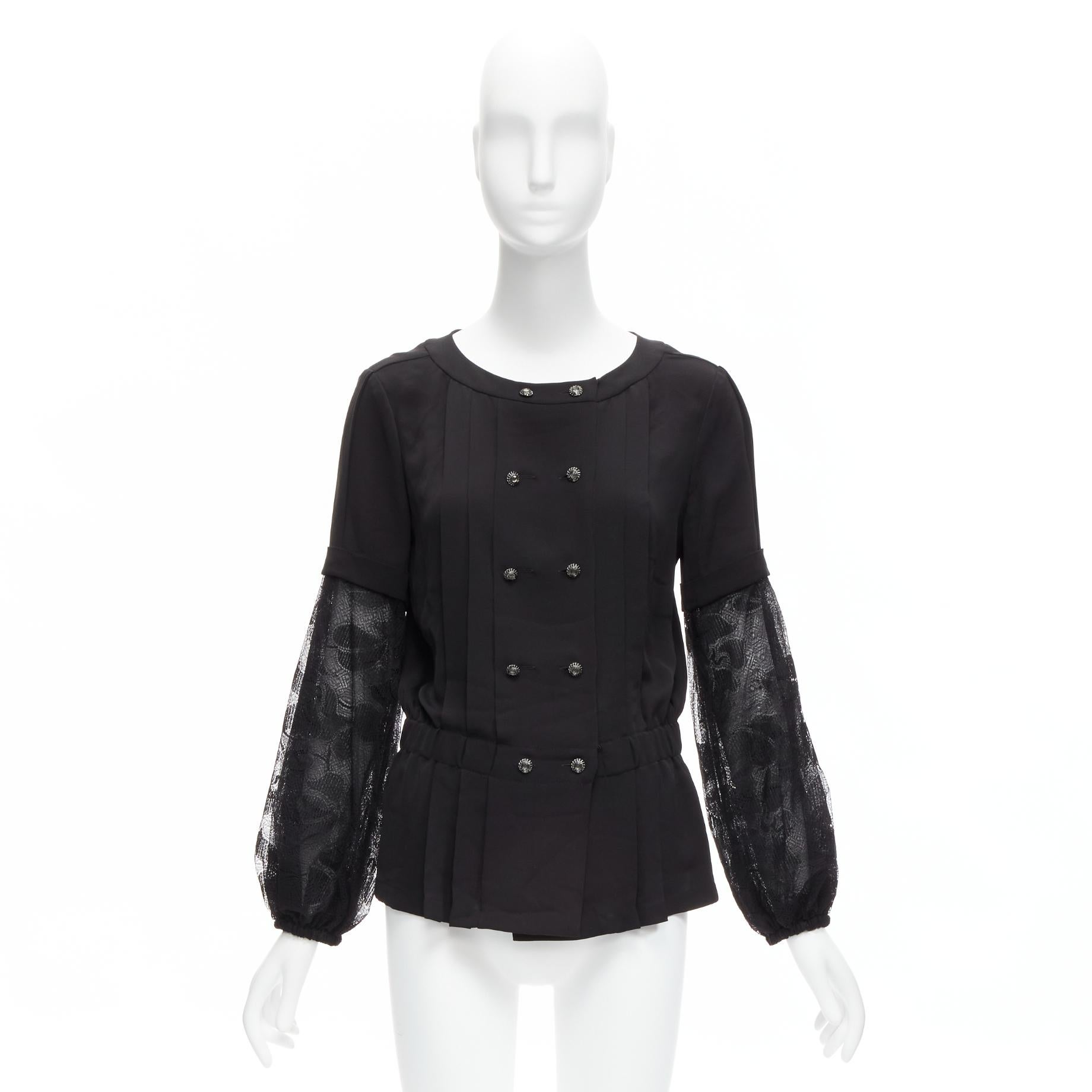CHANEL 13P silk black floral lace layered sleeves pleated jacket blouse FR36 S For Sale 6