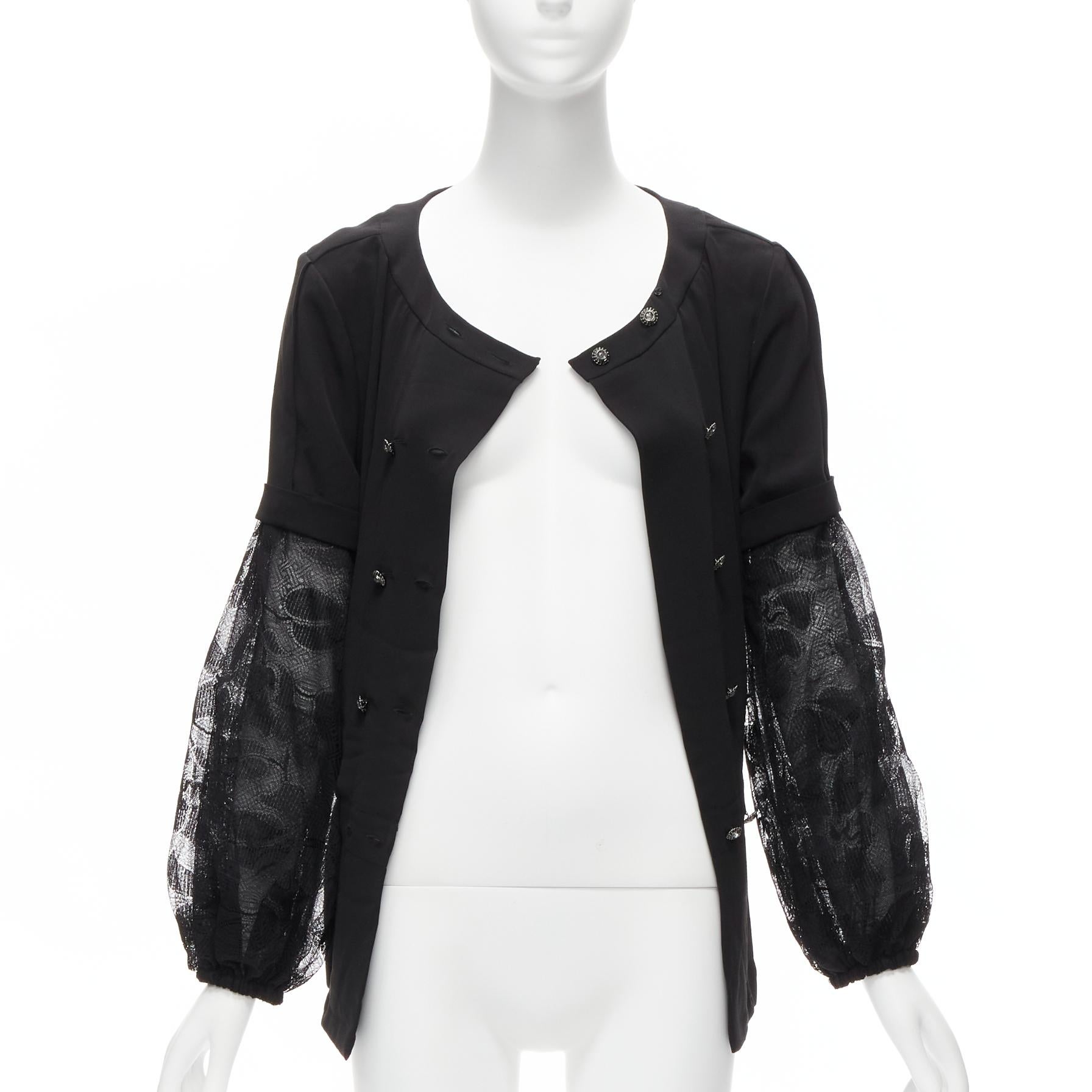 Black CHANEL 13P silk black floral lace layered sleeves pleated jacket blouse FR36 S For Sale