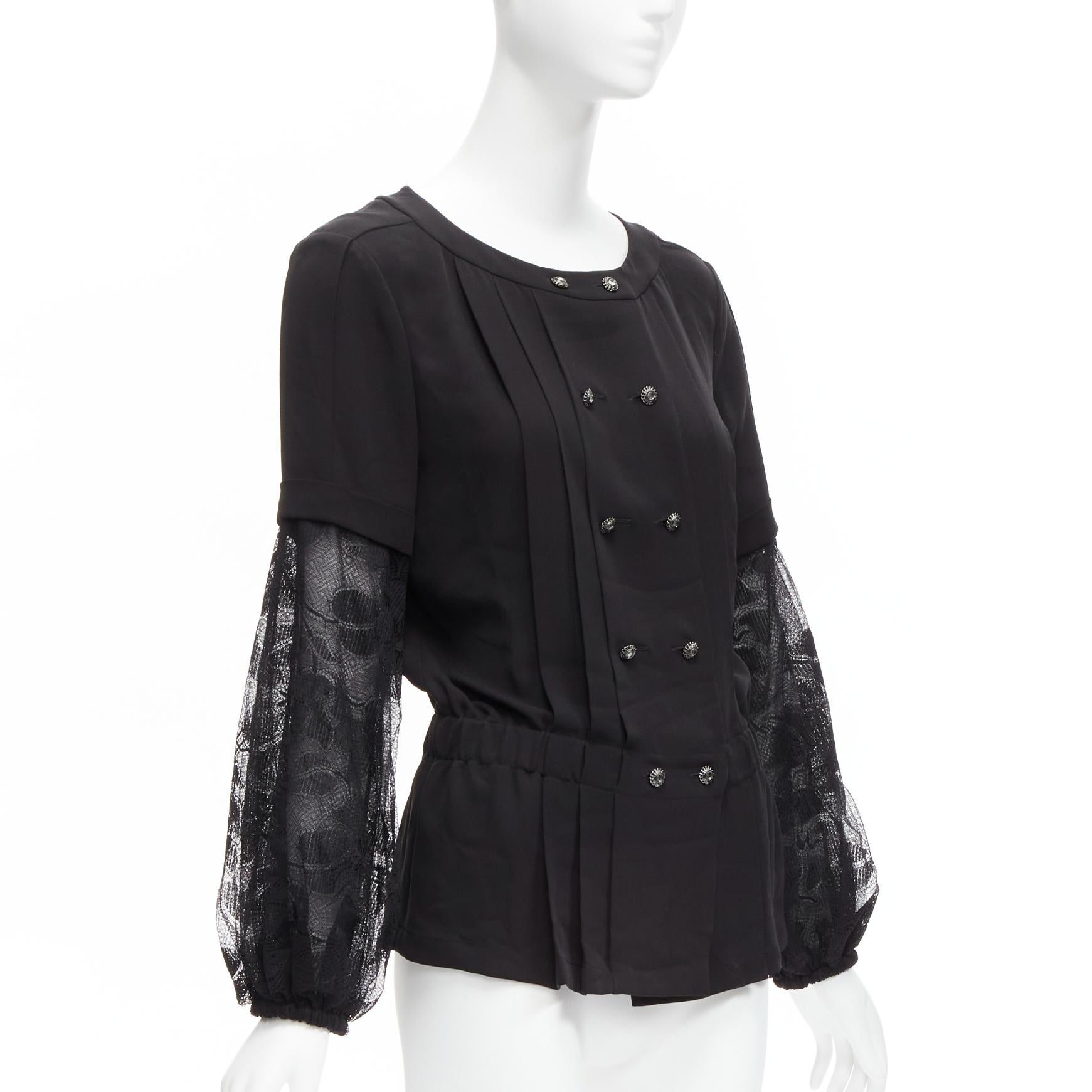 CHANEL 13P silk black floral lace layered sleeves pleated jacket blouse FR36 S In Excellent Condition For Sale In Hong Kong, NT