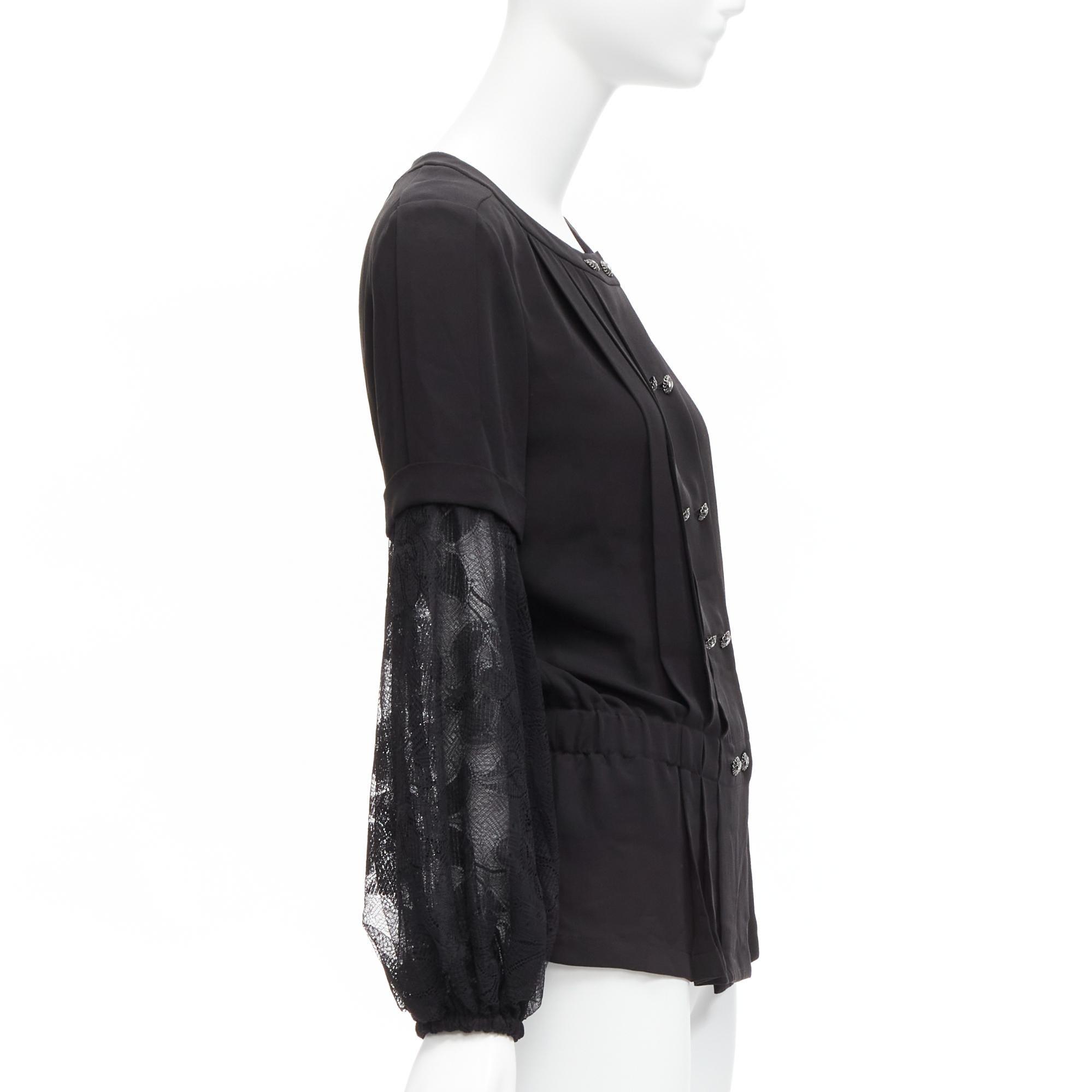 Women's CHANEL 13P silk black floral lace layered sleeves pleated jacket blouse FR36 S For Sale
