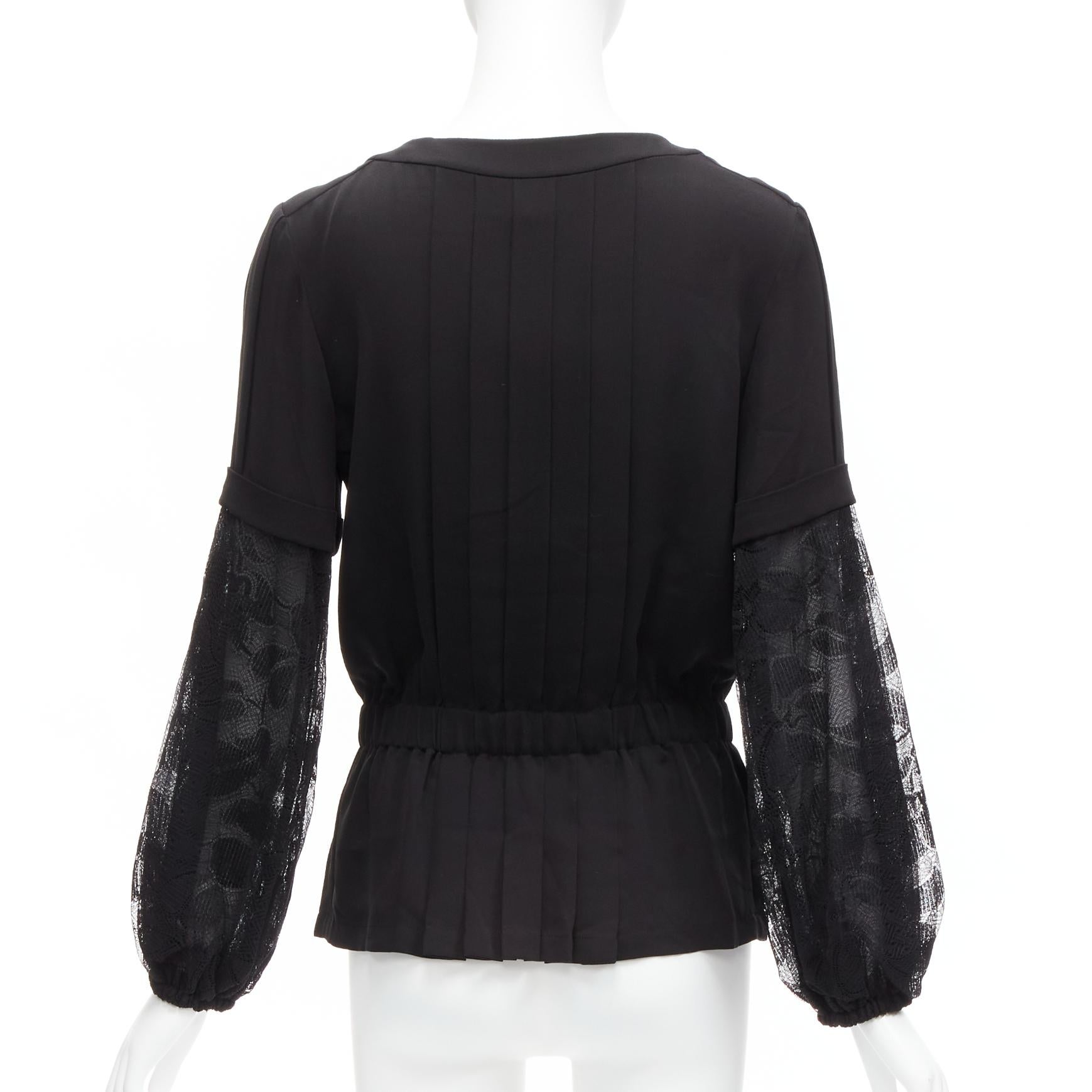 CHANEL 13P silk black floral lace layered sleeves pleated jacket blouse FR36 S For Sale 2
