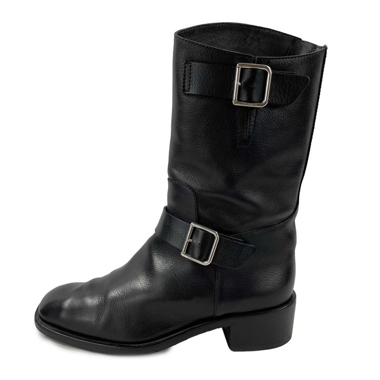 CHANEL 14B CC Black Leather Buckle Moto Biker Boots 38 US 8 For Sale at  1stDibs