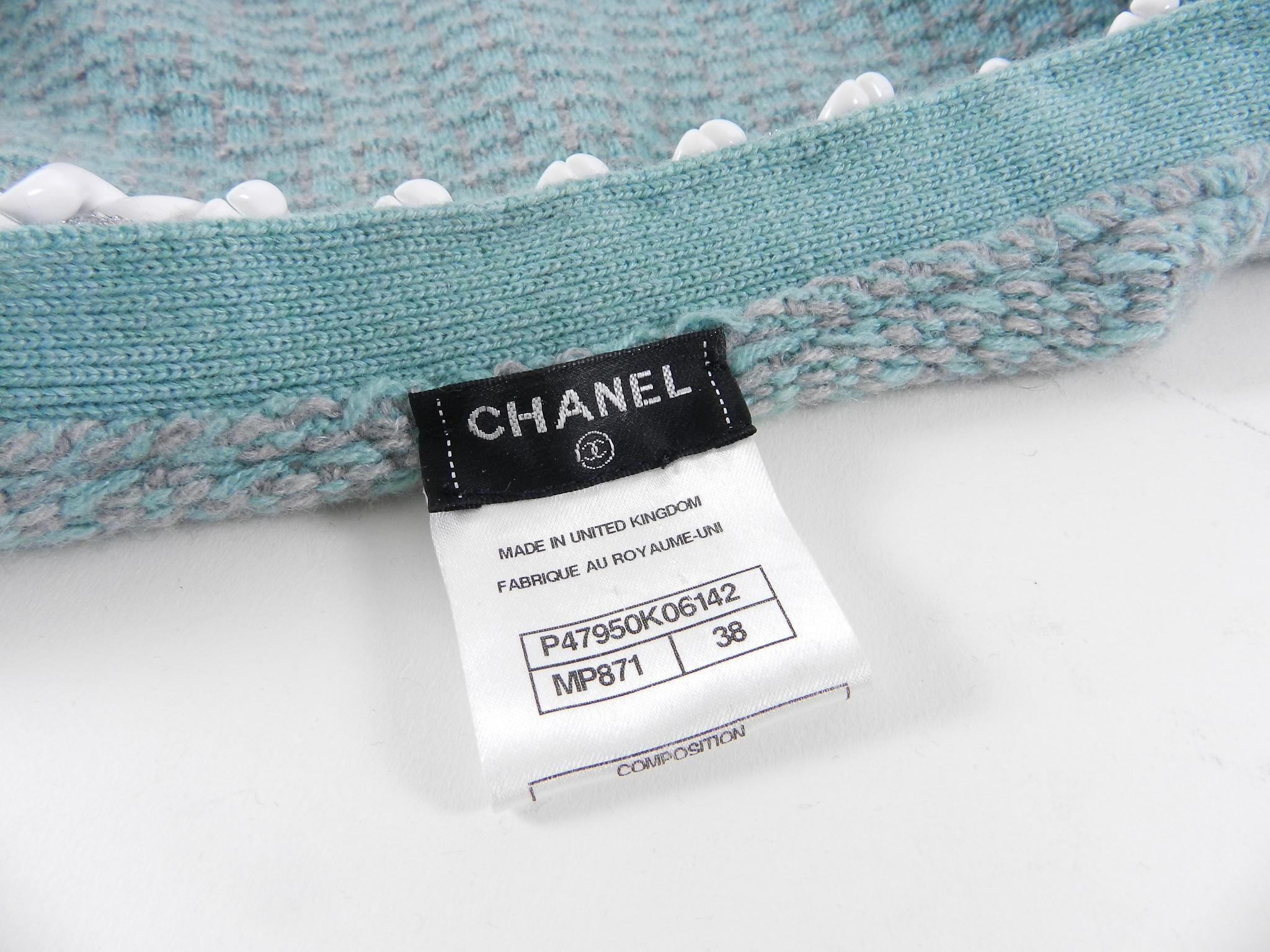Chanel 14C Light Aqua Green Cashmere Cardigan with White Chain Trim - 6 1