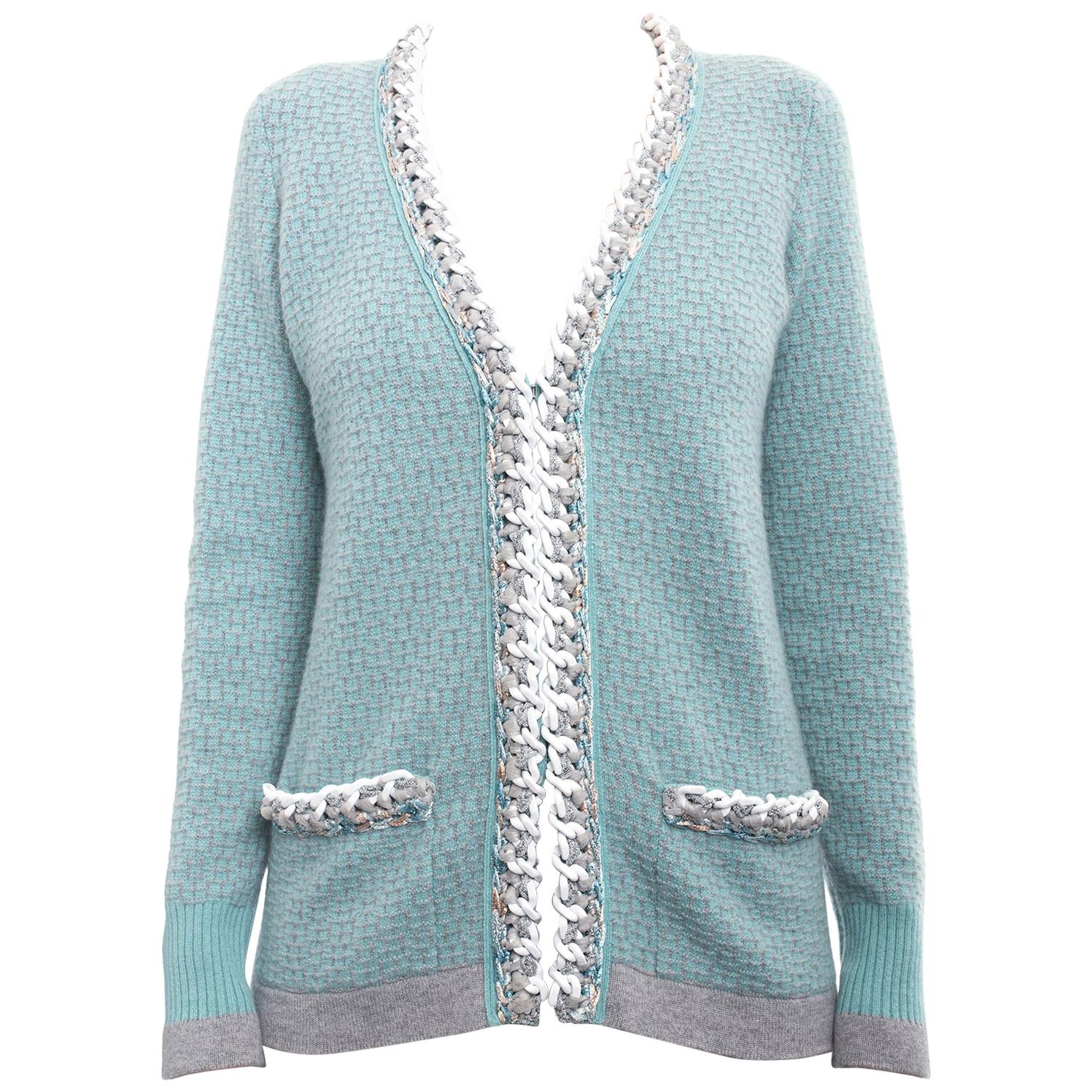 Chanel 14C Light Aqua Green Cashmere Cardigan with White Chain Trim - 6