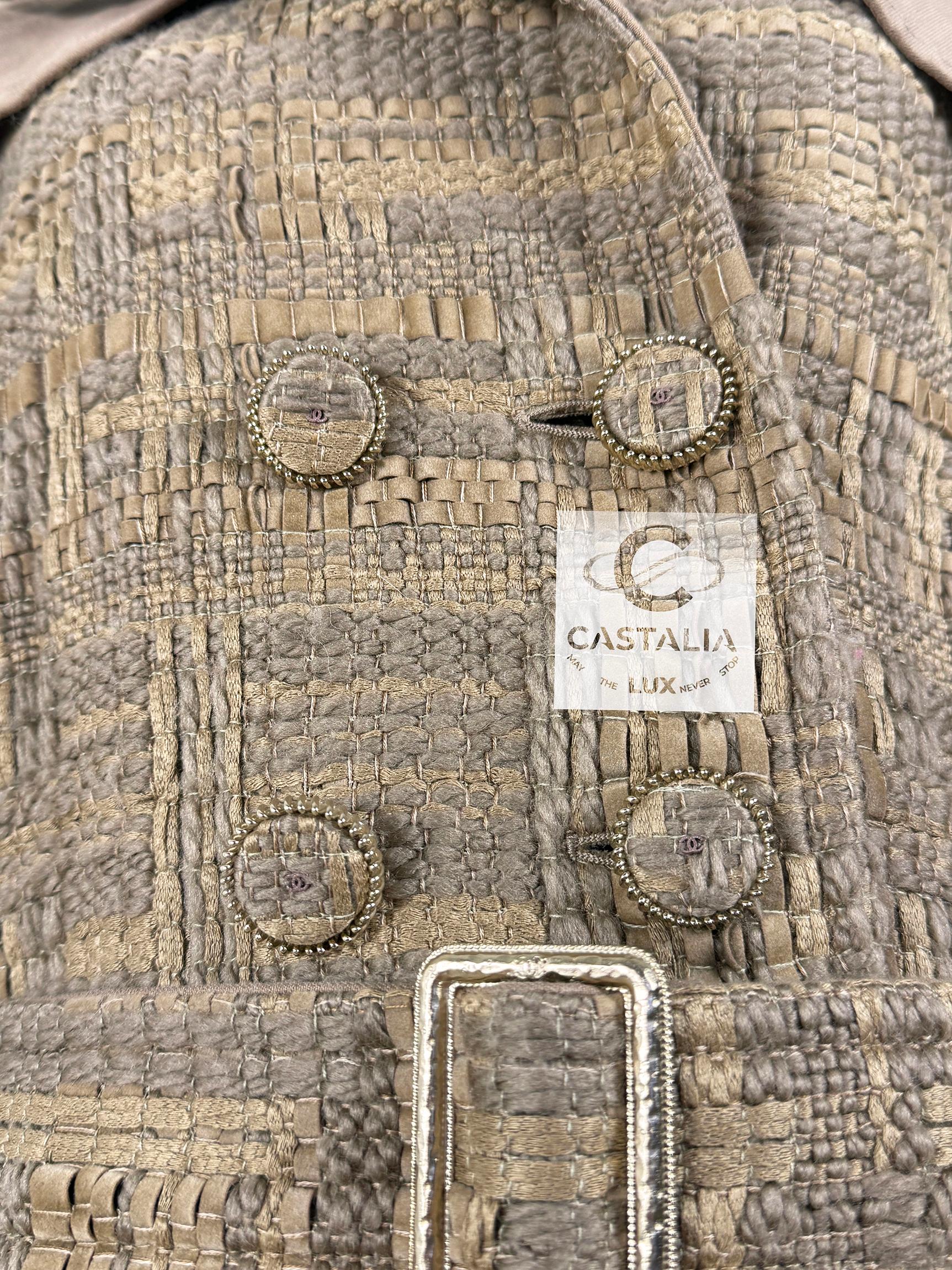 Chanel 14K$ Superb Beige Ribbon Tweed Trench Coat For Sale 3