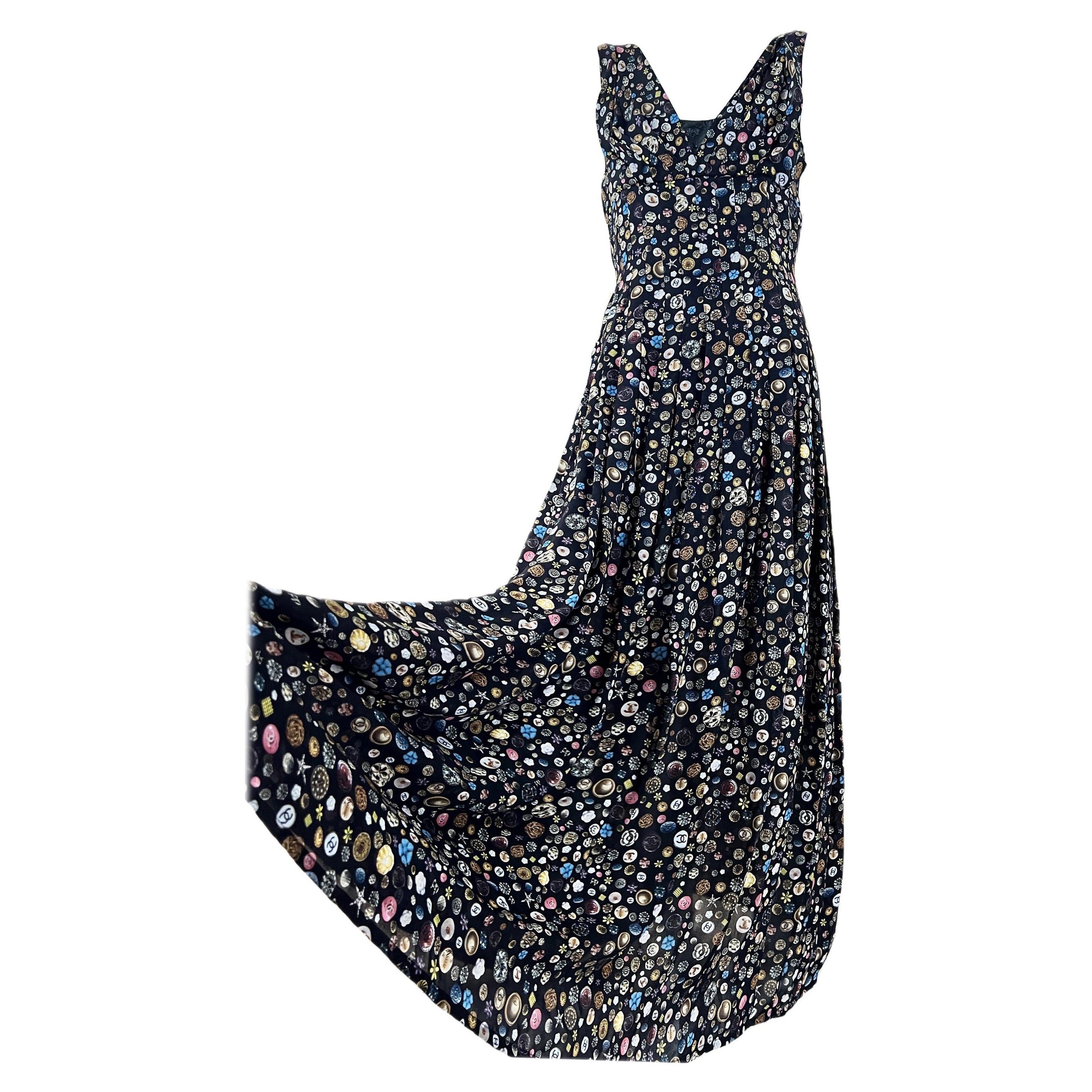 Chanel 14K$ CC Logo Maxi Black Silk Dress 36 FR