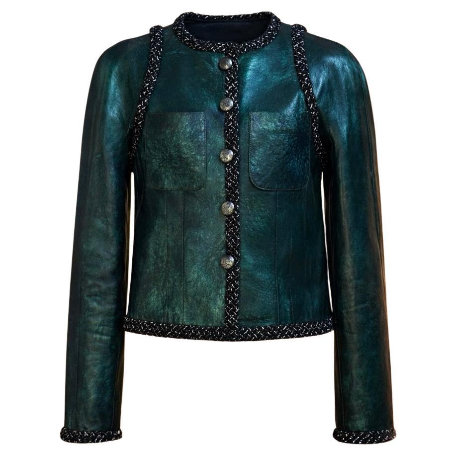 CHANEL 14K$ Fall 2017 COSMIC Emerald Leather Jacket 38 FR