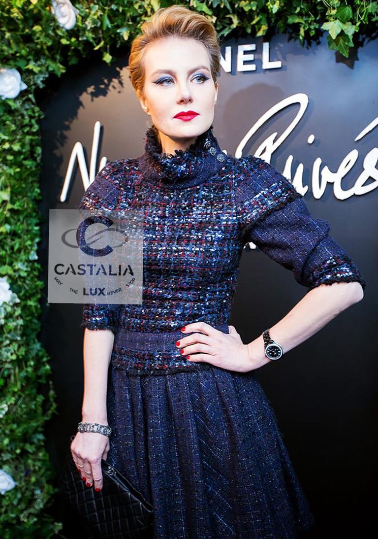 chanel blue tweed dress CHANEL 15P 2015 NWT $6,200 FANTASY TWEED FRINGED DRESS 38 CC LOGO NEW
