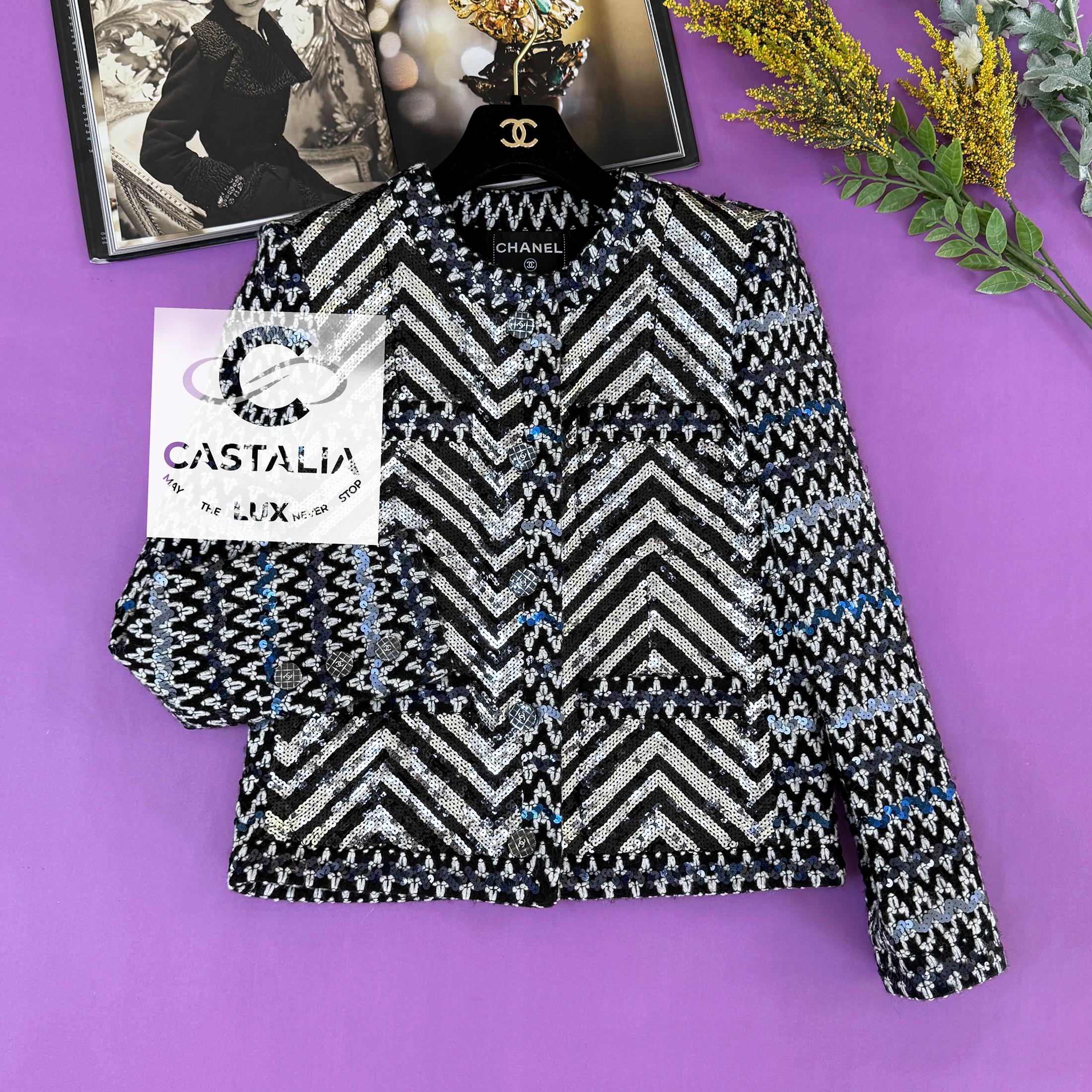 Black Chanel 14K$ New 2022 Iridescent Sequin Tweed Jacket 36 FR