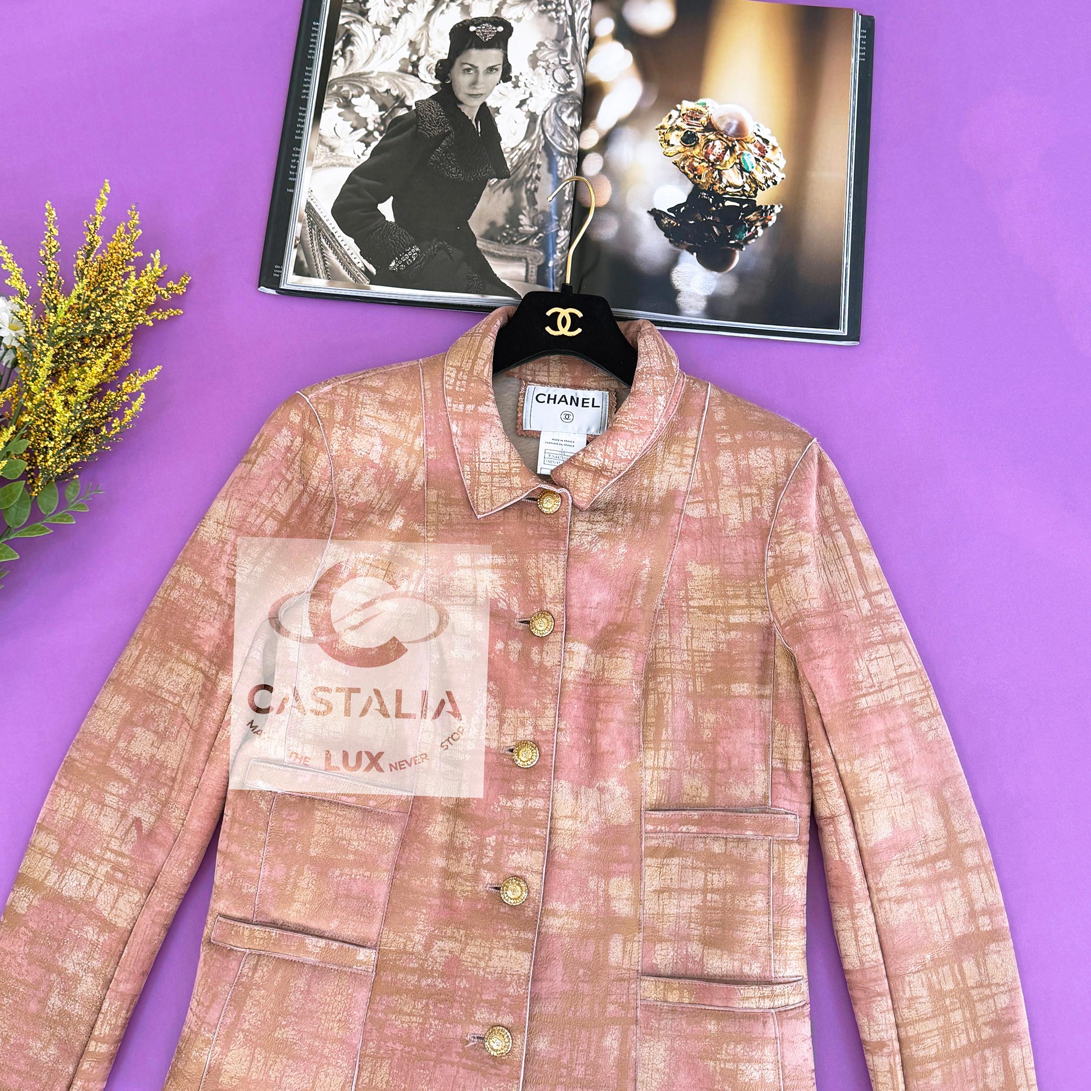 Outstanding Chanel leather jacket in pastels with iridescent shimmering coating ~ opens to calfskin fluffy leather from inside ~ 
Boutique price was over 14,000$
- gold-tone CC logo jewel buttons
- Chanel most iconic 4-patch-pockets silhouette
Size