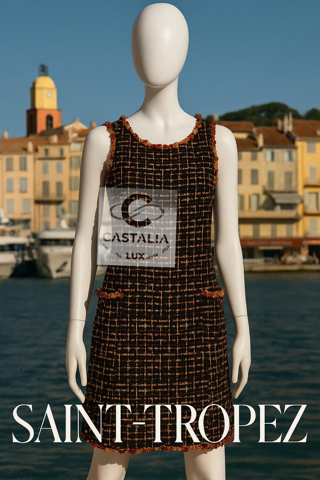 Noir Chanel 14K$ New Paris / Saint-Tropez Ribbon Tweed Dress 36 FR en vente
