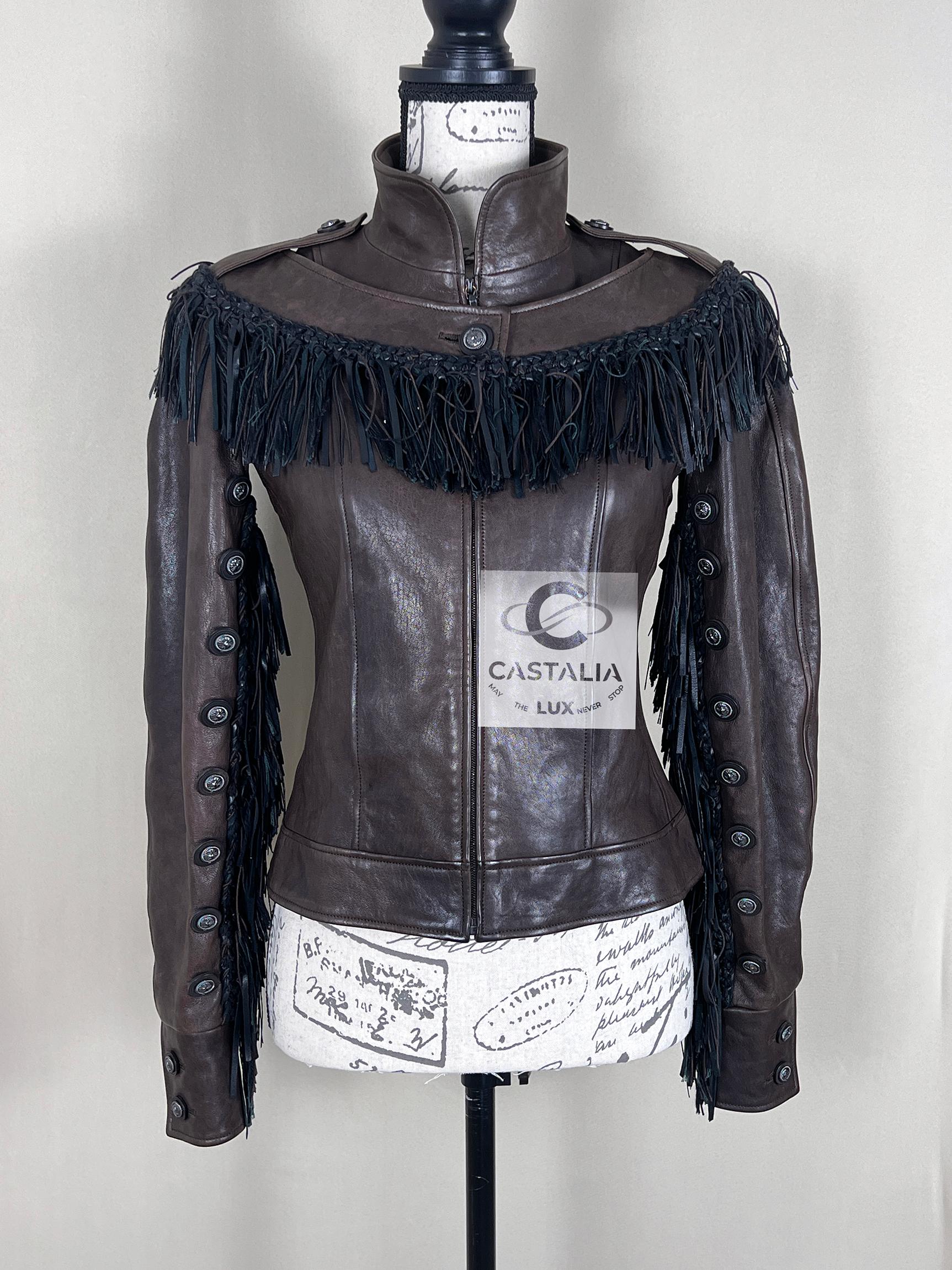 Black Chanel 14K$ Paris / Dallas Leather Fringe Jacket 38 FR For Sale