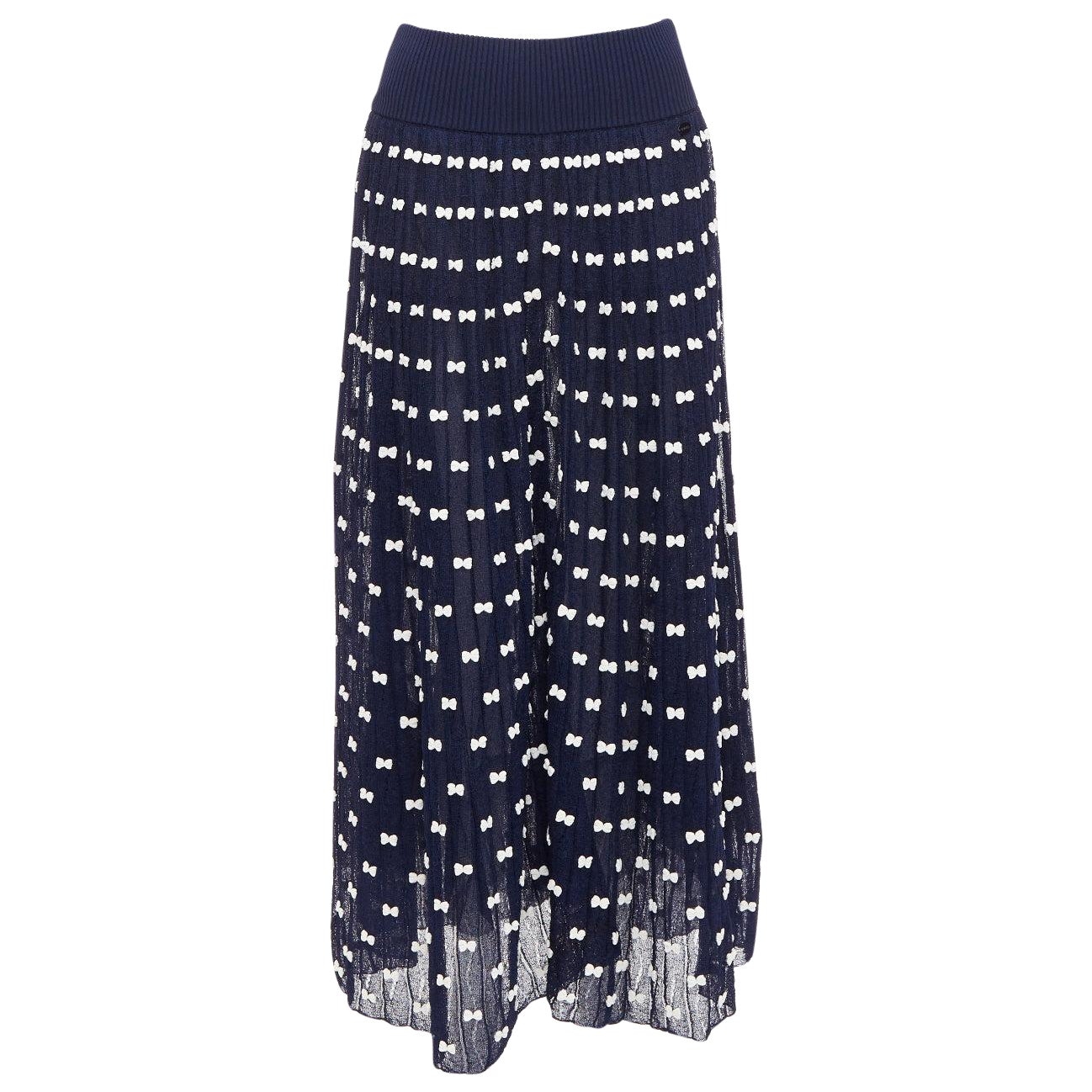 CHANEL 14P Runway navy cream bow applique ribbed waist tulle lined skirt FR36 S
