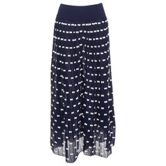 CHANEL 14P Runway navy cream bow applique ribbed waist tulle lined skirt FR36 S
