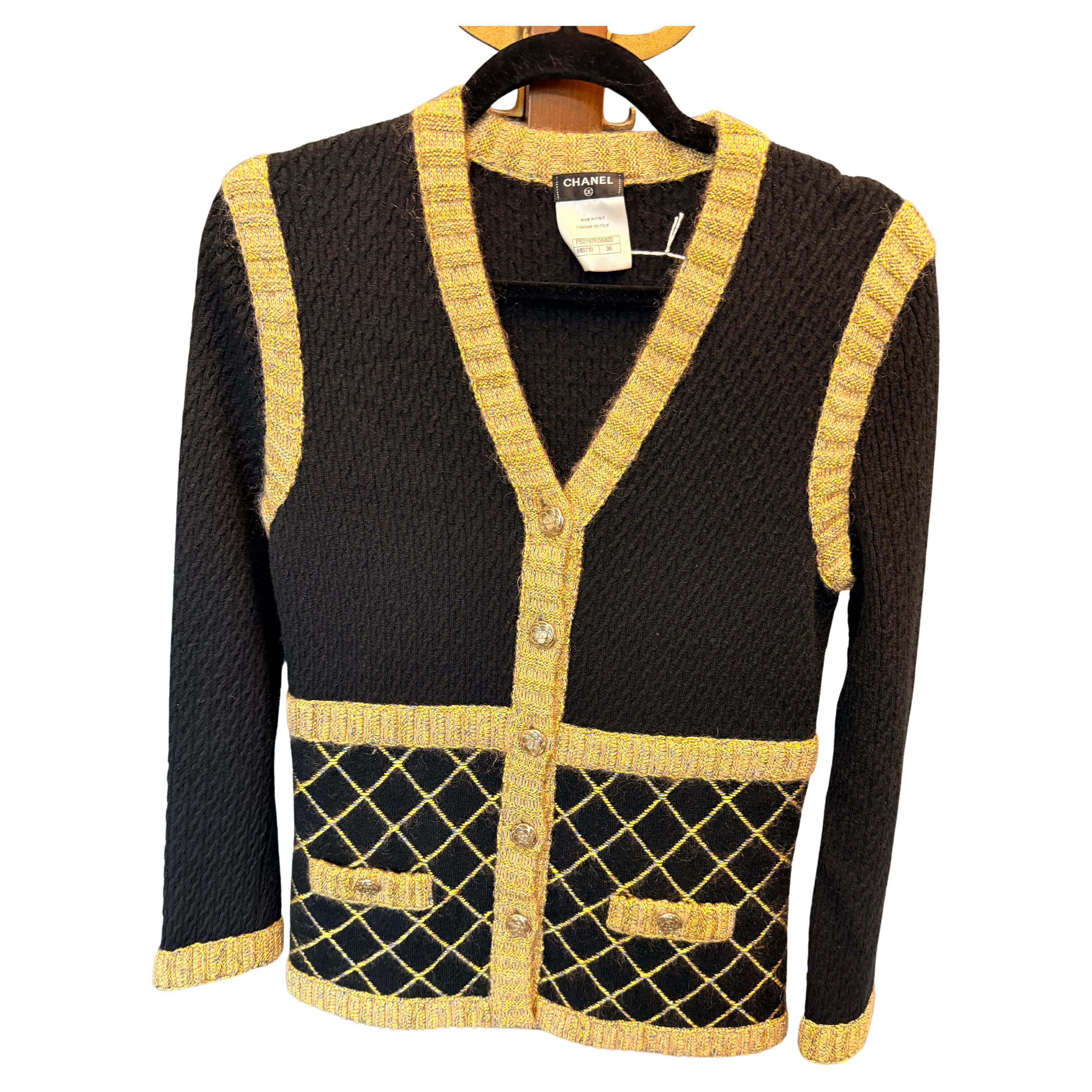 Chanel 15A MOST WANTED Black Gold CAMELLIA BUTTON Sweater CARDIGAN JACKET FR36
