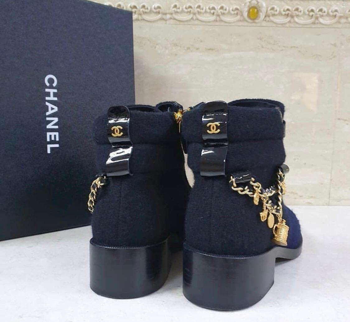 Black Chanel 15A Paris - Salzburg Blue Wool Ankle Boots CC 