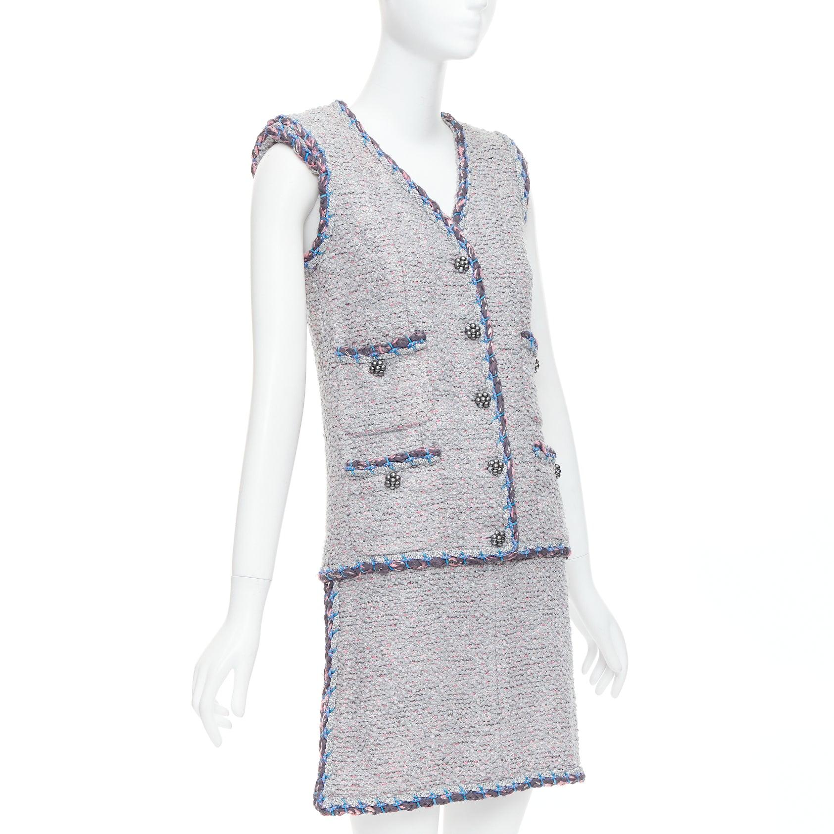 Gray CHANEL 15A Runway pink grey blue tweed CC 4 pocket vest design dress FR34 XS