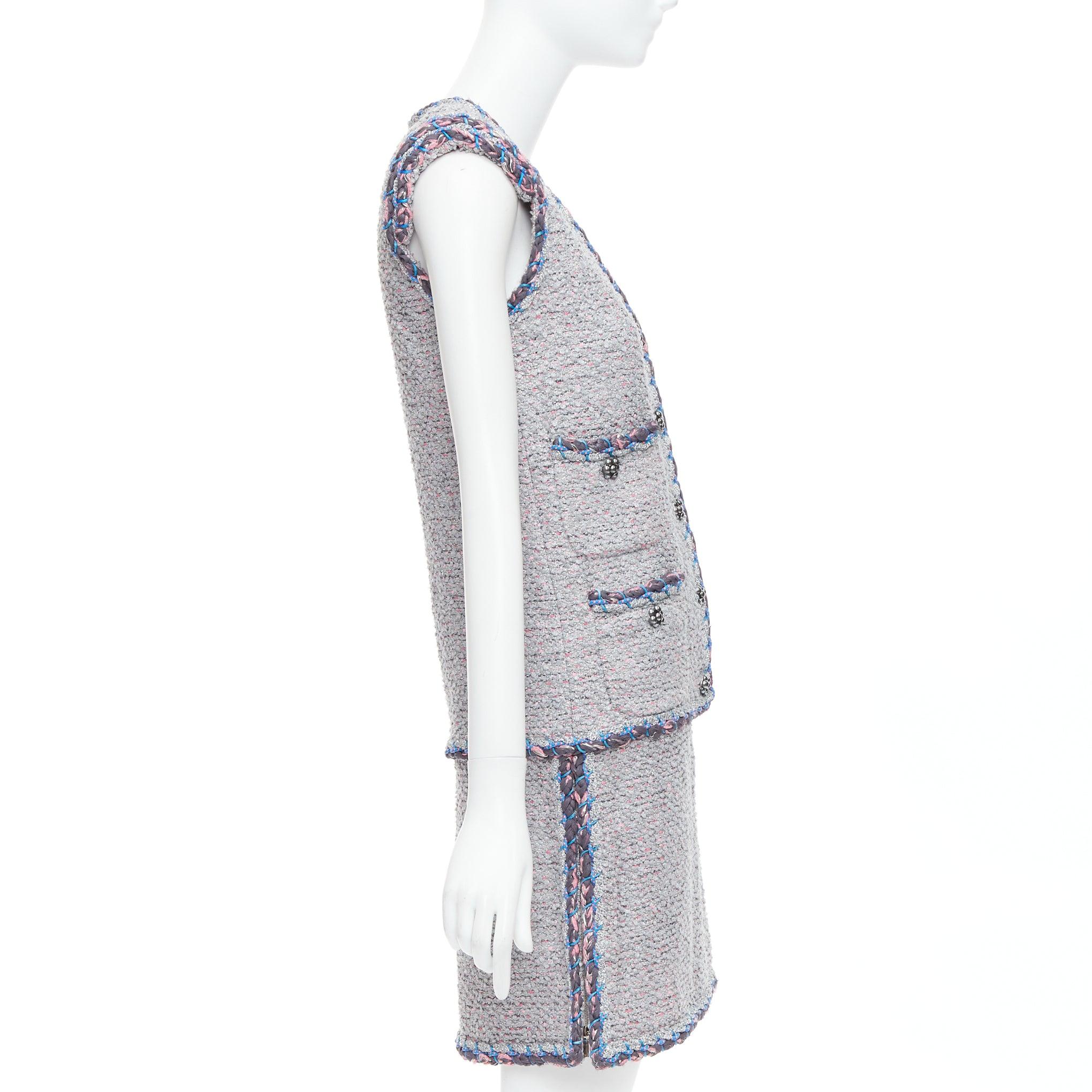 CHANEL 15A Runway pink grey blue tweed CC 4 pocket vest design dress FR34 XS In Excellent Condition In Hong Kong, NT