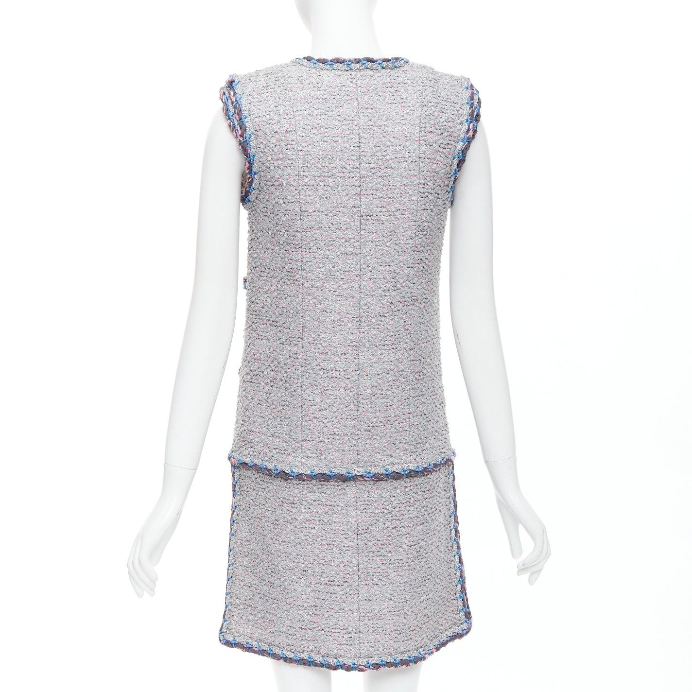 Women's CHANEL 15A Runway pink grey blue tweed CC 4 pocket vest design dress FR34 XS