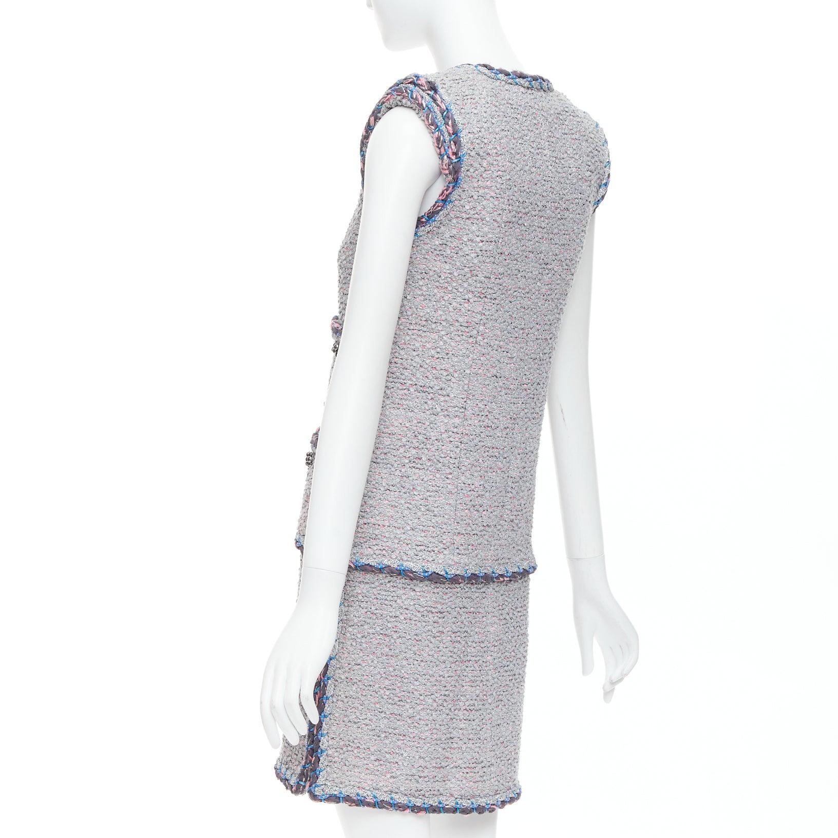 CHANEL 15A Runway pink grey blue tweed CC 4 pocket vest design dress FR34 XS 1