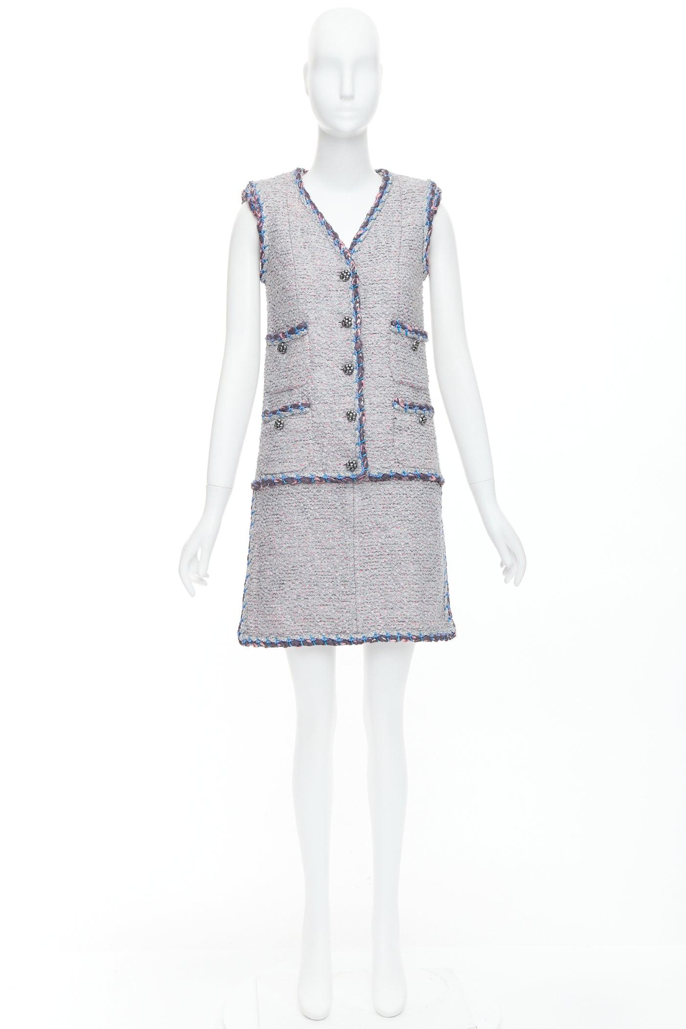 CHANEL 15A Runway pink grey blue tweed CC 4 pocket vest design dress FR34 XS 4