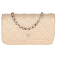 Chanel 15C Beige Quilted Caviar Classic Wallet On Chain