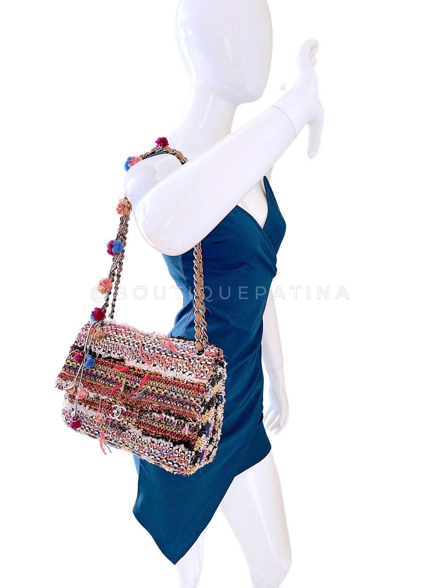 Chanel 15C Paris Dubai Pom Pom Tweed Jumbo Flap Bag RHW Rainbow 68417 8