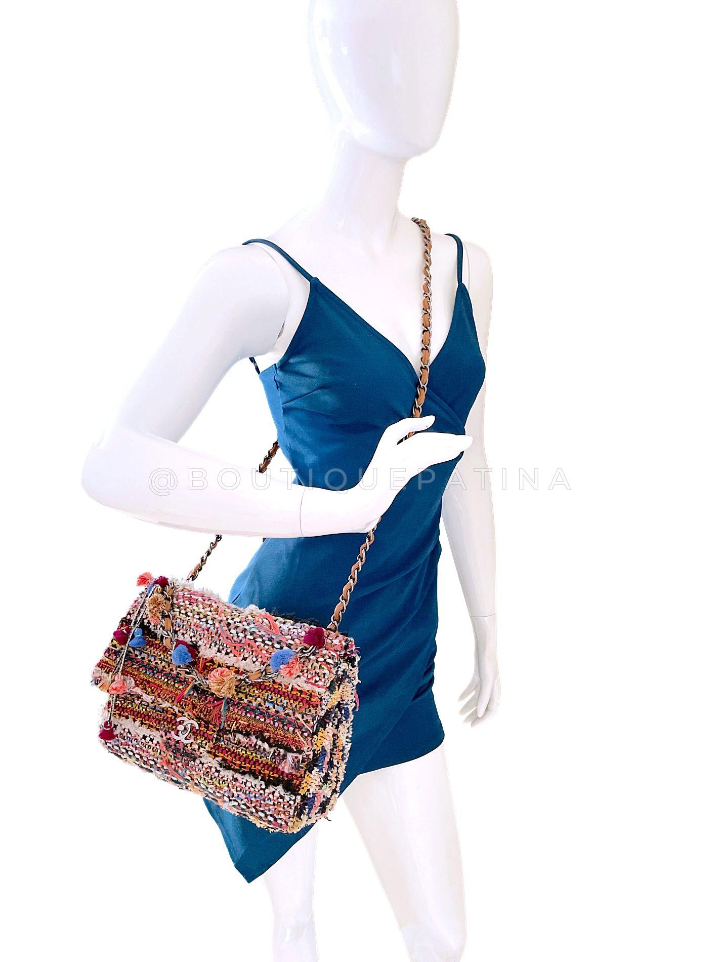 Chanel 15C Paris Dubai Pom Pom Tweed Jumbo Flap Bag RHW Rainbow 68417 9