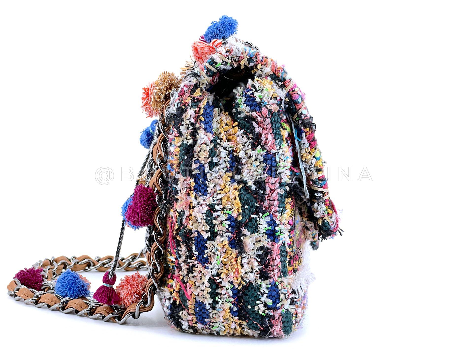 Chanel 15C Paris Dubai Pom Pom Tweed Jumbo Flap Bag RHW Rainbow 68417 In Excellent Condition In Costa Mesa, CA