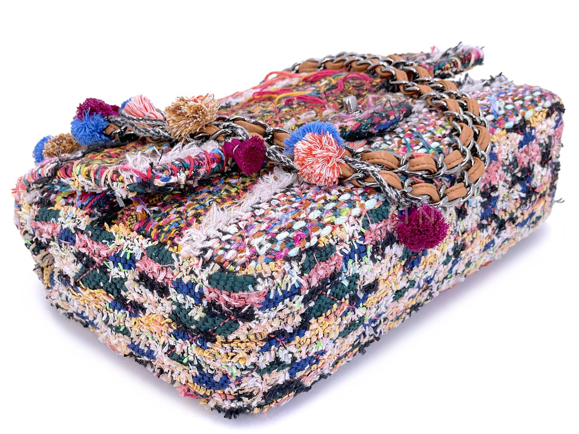 Chanel 15C Paris Dubai Pom Pom Tweed Jumbo Flap Bag RHW Rainbow 68417 2