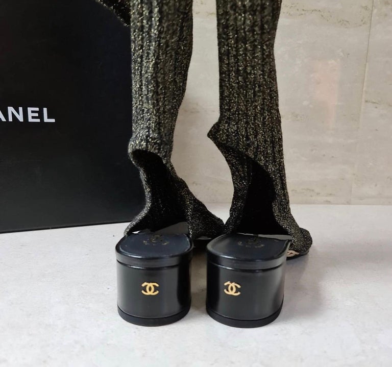 Chanel 15C Paris Dubai Sock Thong Sandal Black Gold Metallic Leather Heel  at 1stDibs | gold metallic socks, black chanel socks, chanel socks women's