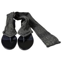 Chanel 15C Paris Dubai Sock Thong Sandal Black Gold Metallic Leather Heel
