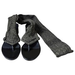 Chanel 15C Paris Dubai Sock Thong Sandal Black Gold Metallic Leather Heel 