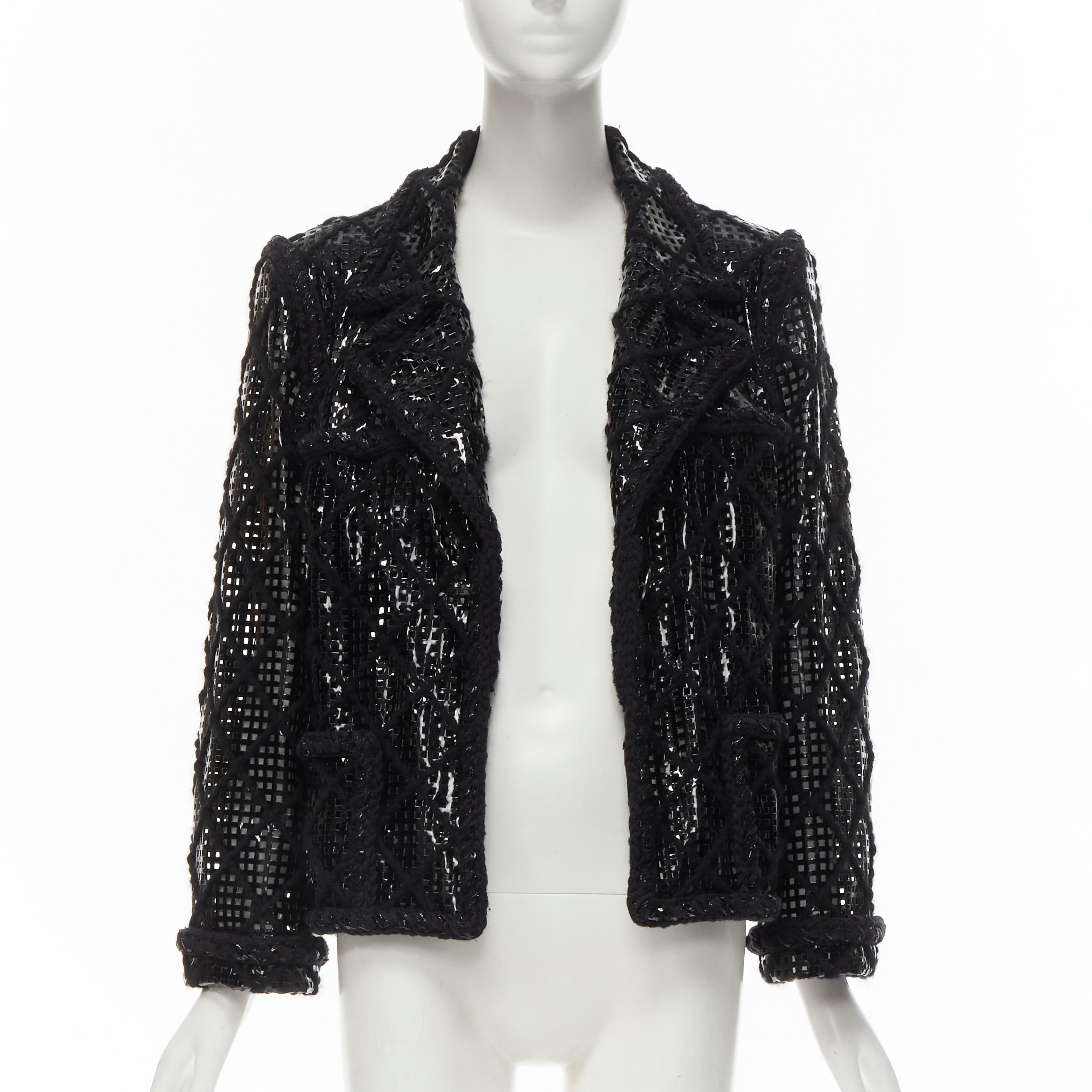 Black CHANEL 15K Brasserie Gabrielle Runway cutout PVC braided tweed jacket FR46 2XL For Sale
