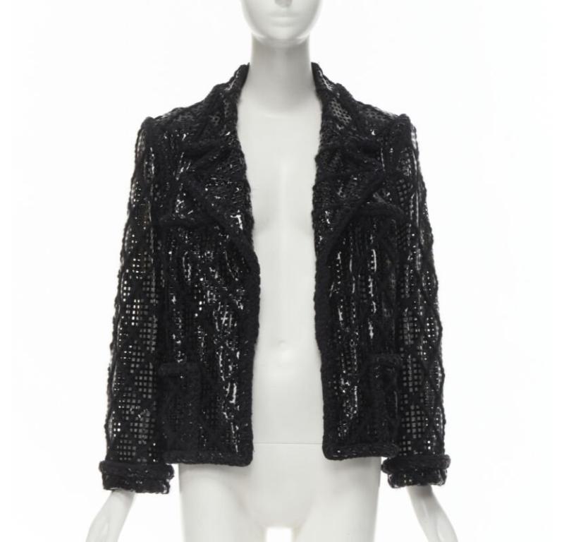 CHANEL 15K Brasserie Gabrielle Corte de pasarela Chaqueta de tweed trenzado de PVC FR46 2XL Negro en venta