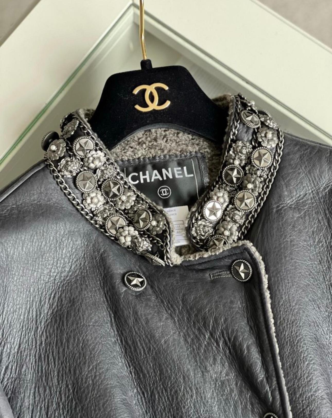 Chanel 15K Jewel and Chain Embellished Shearling Jacket In Excellent Condition For Sale In Dubai, AE