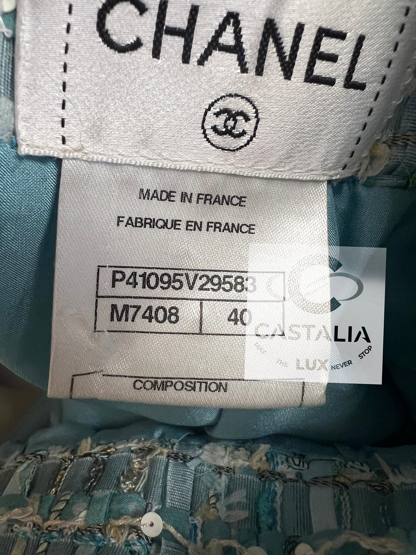 Chanel 15K$ Nuovo Tweed Ensemble con Nastro Turchese 40 FR in vendita 15