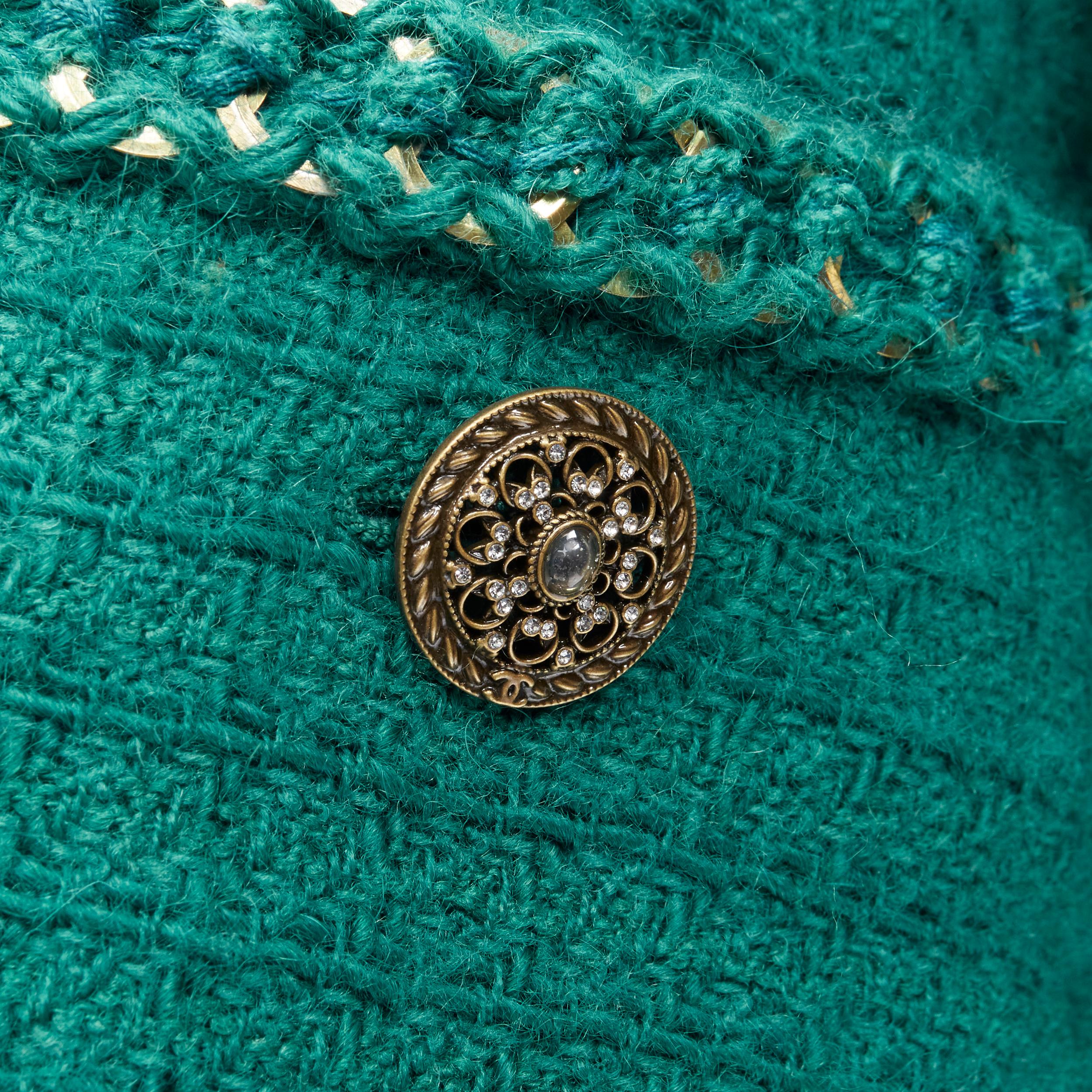 CHANEL 15K Paris Salzburg turquoise tweed gold chain trapeze flared jacket FR42
Brand: Chanel
Designer: Karl Lagerfeld
Collection: 15K Paris Salzburg 
Material: Wool
Color: Turquoise
Pattern: Solid
Extra Detail: Turquoise teal blue checked tweed.