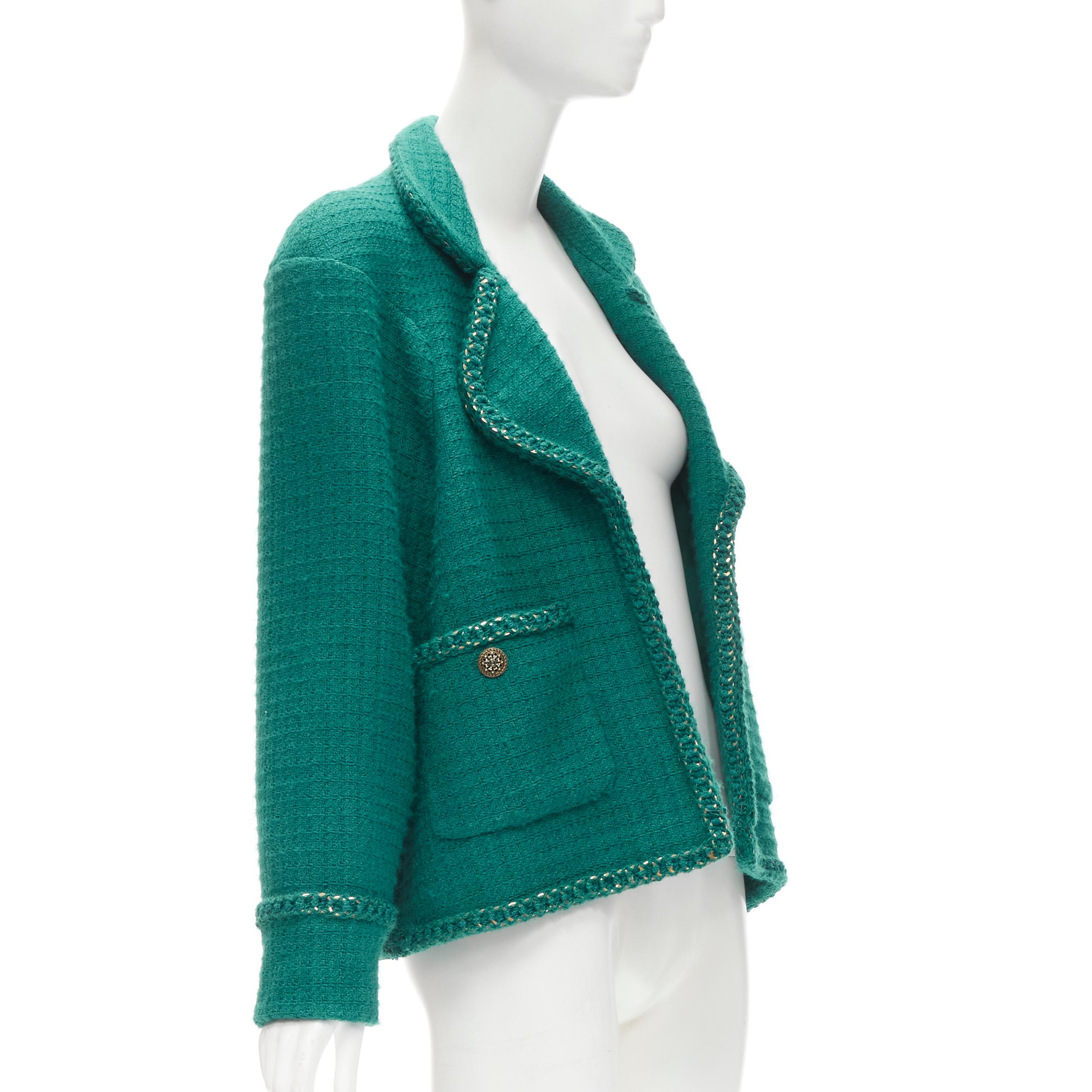 CHANEL 15K Paris Salzburg turquoise tweed gold chain trapeze flared jacket FR42 In Excellent Condition In Hong Kong, NT