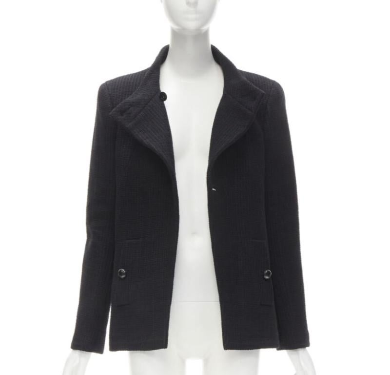 Nero CHANEL 15P Atto 1 nero tweed reticolato CC bottone avvolgere piccola giacca nera FR44 2XL in vendita