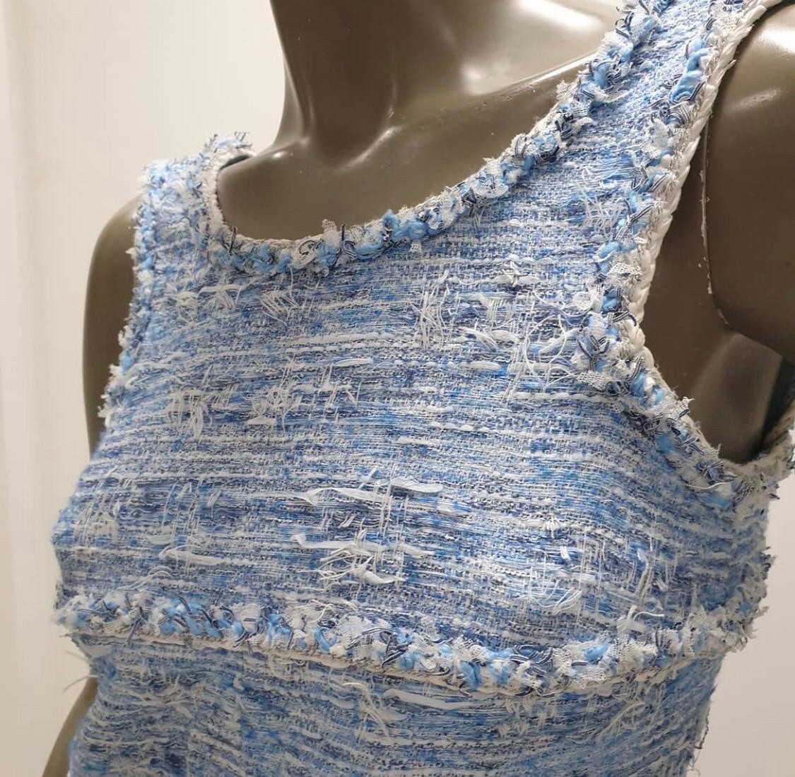 Most Wanted Chanel 15P Blue White Fantasy Fringe Tweed Ribbon Dress
TWEED DRESS WITH LESAGE BRAIDED TRIM.
Breathtaking - as seen in fashion magazines and celebrities
 Fashionista favorite!
Highly sought after.
 Sold out immediately
Impossible to