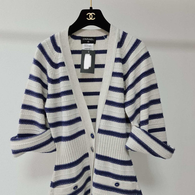 CHANEL 15P Oatmeal Navy Striped Cashmere Sweater Dress at 1stDibs