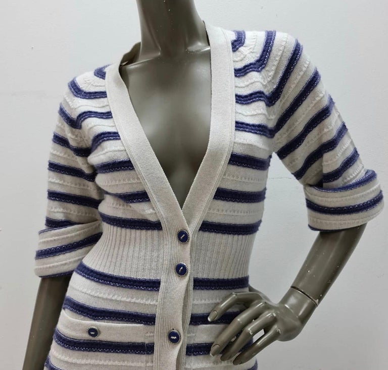 CHANEL 15P Oatmeal Navy Striped Cashmere Sweater Dress at 1stDibs