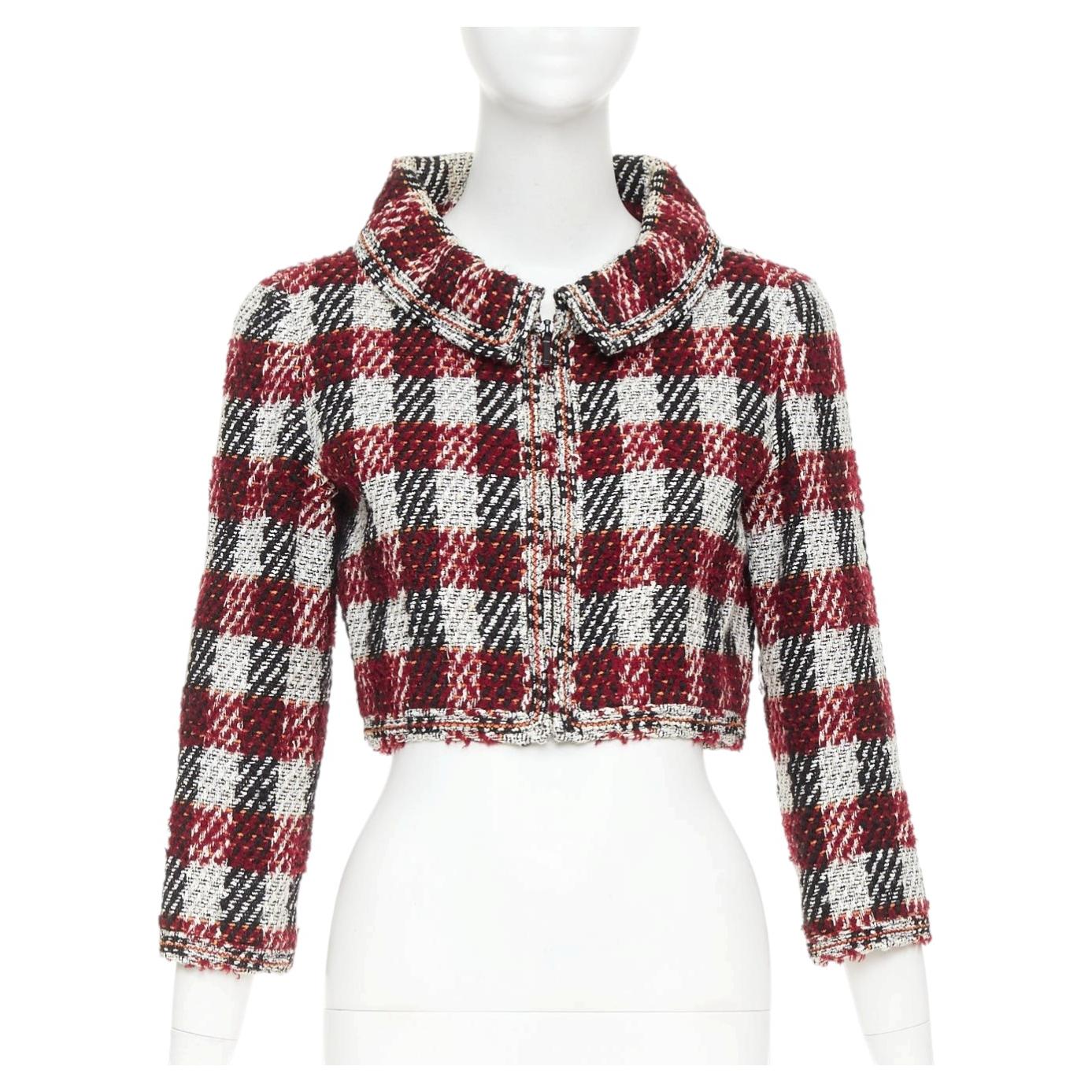 CHANEL 16A Runway burgundy checked tweed cropped zip-up jacket FR40 M