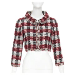 CHANEL 16A Runway burgundy checked tweed cropped zip-up jacket FR40 M