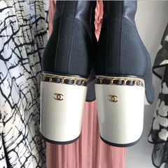 Chanel 16B Black Cap Toe Ankle Boots with White Chain CC Heel - 37.5