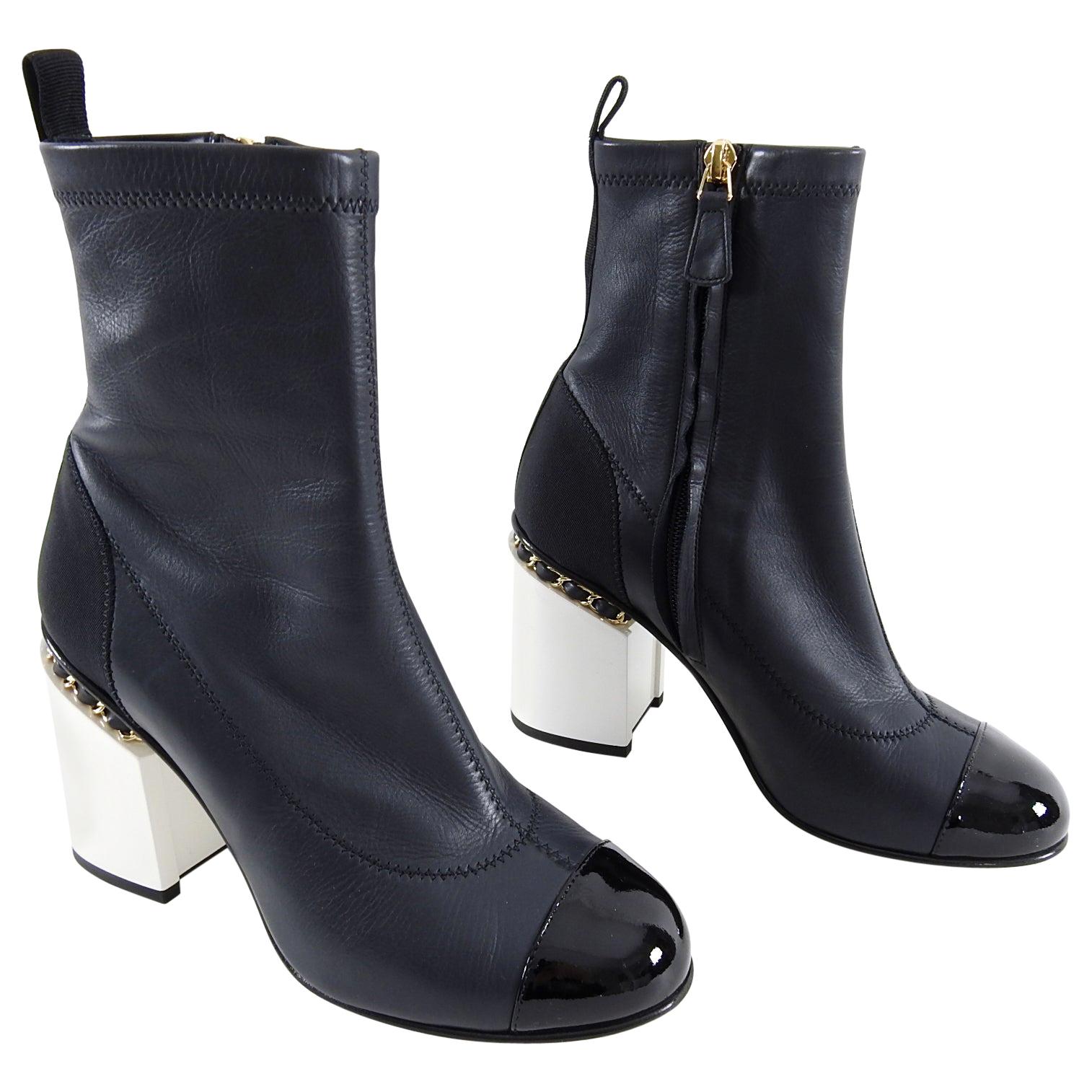 Chanel 16B Black Cap Toe Ankle Boots with White Chain CC Heel - 37.5 at  1stDibs