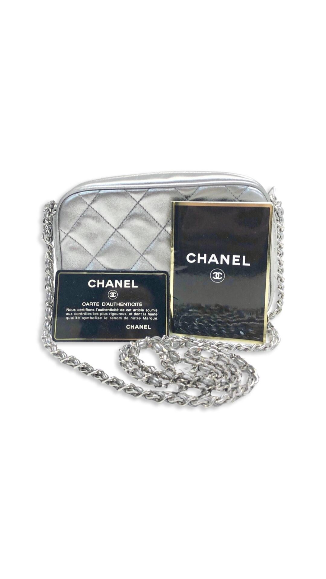 Chanel Silver Metallic Quilted Lambskin Shoulder Bag  For Sale 1