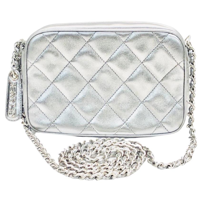 Chanel Silver Metallic Quilted Lambskin Shoulder Bag  For Sale