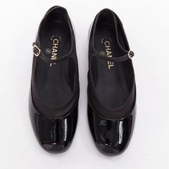 CHANEL 16P G31741 black patent leather silver CC logo mary jane flats EU38